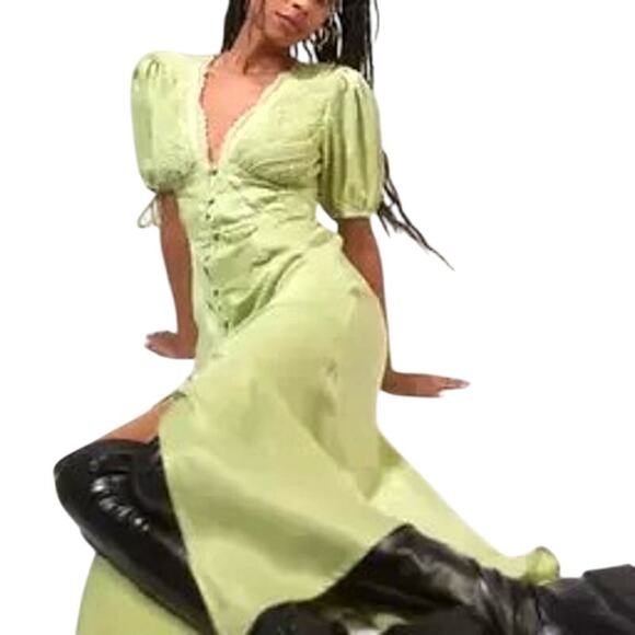 Y2K Dress Small Green Embroidered Satin Slip Lace Indie Fairy Grunge Romantic UO - Picture 1 of 9